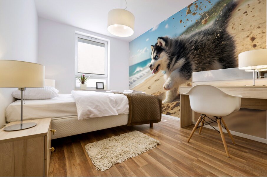 Siberian Husky Puppy Discovers Sandy Beach Fun Mural print