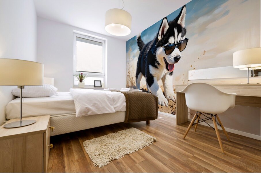 Husky Puppy Digging Excitedly In Beach Sand Mural print