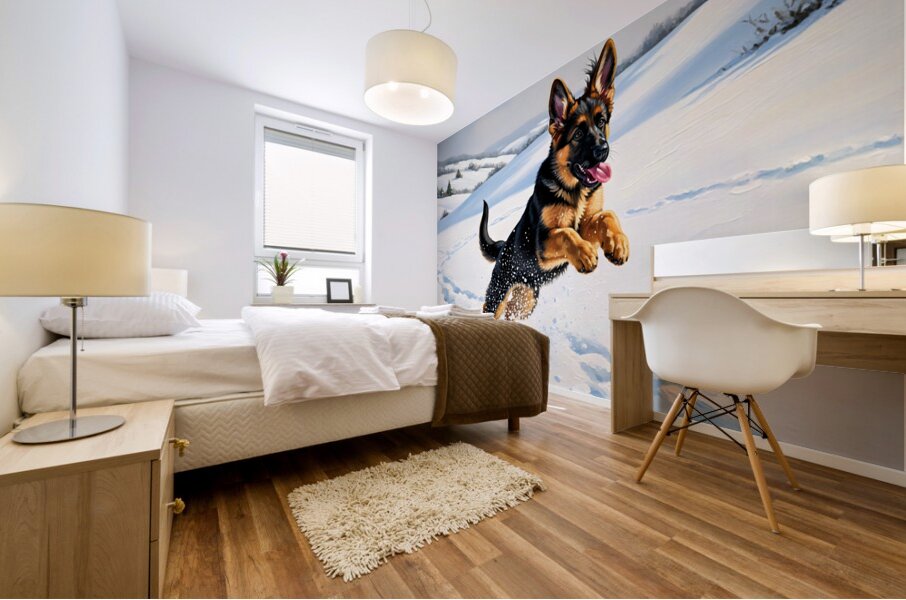 Happy German Shepherd Puppy Rests In Snow Mural print
