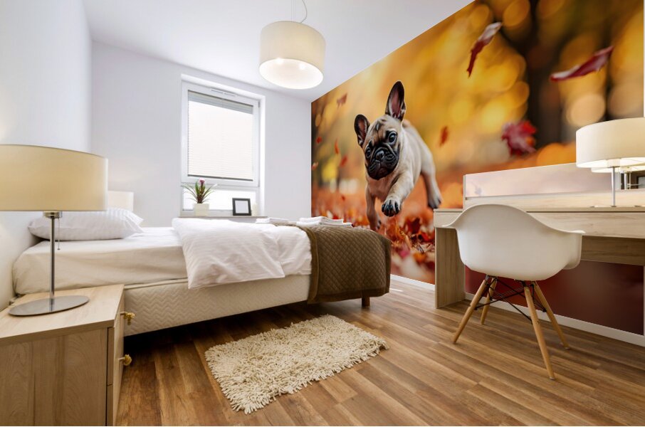 Pug Puppy Discovers Mountain Of Autumn Leaves Mural print