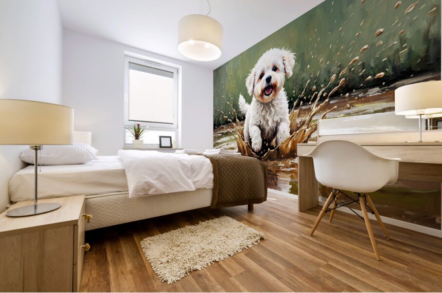 Muddy Bichon Frise Puppy After Puddle Adventure Mural print