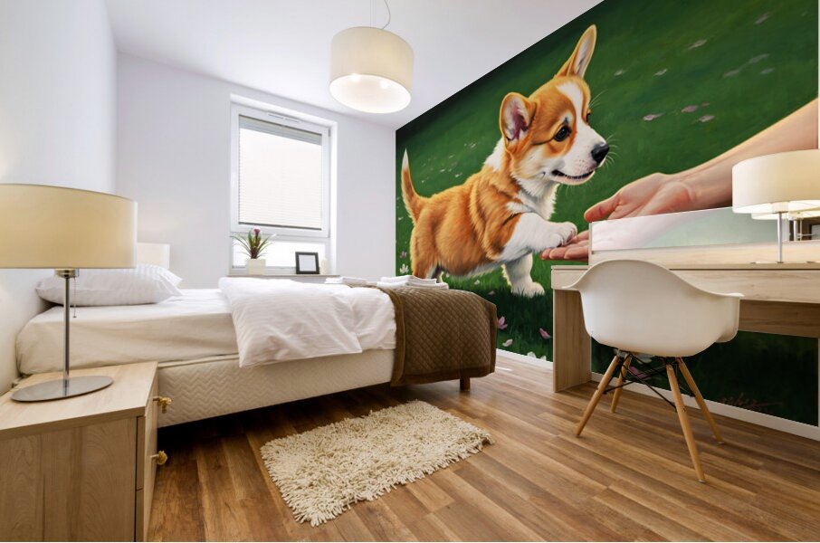 Proud Corgi Puppy Celebrates Learning New Trick Mural print