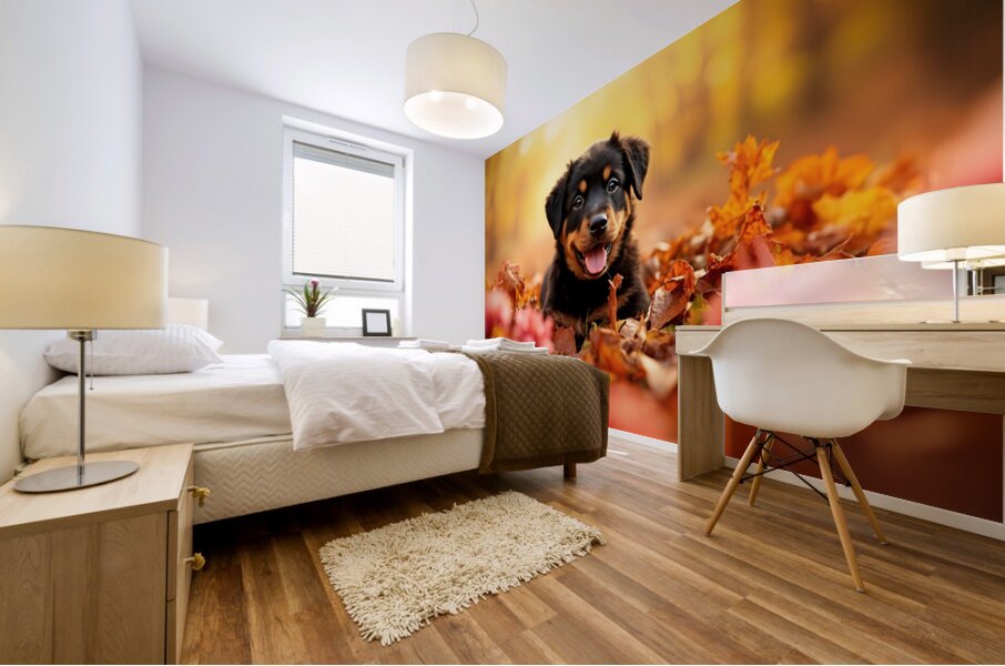 Tired Rottweiler Puppy Rests On Autumn Leaf Bed Mural print