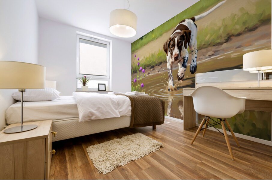 German Shorthaired Pointer Puppy Discovers Muddy Puddle Mural print