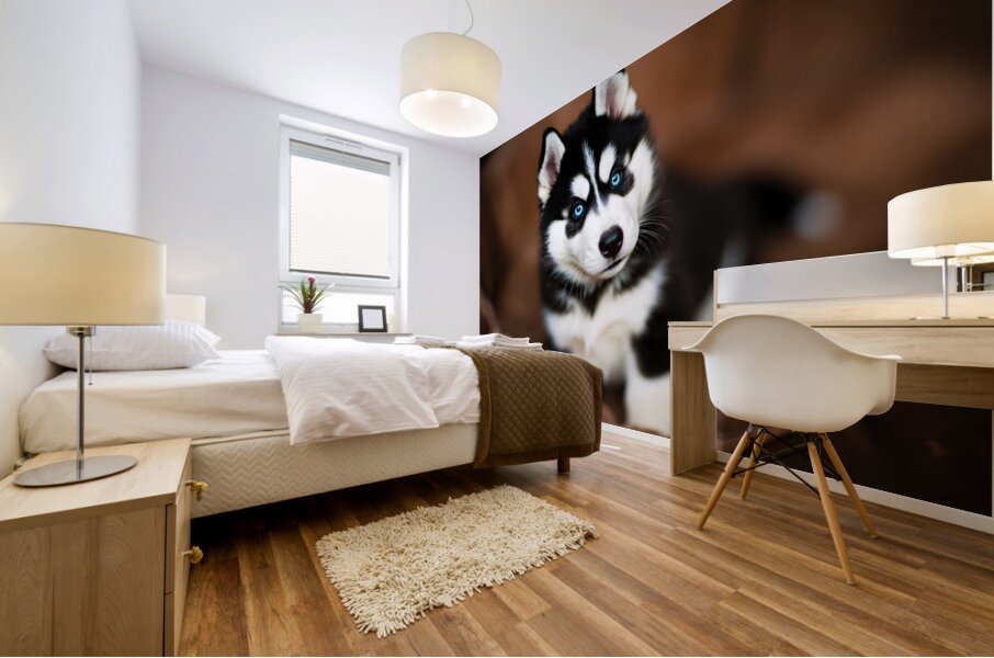 Content Siberian Husky Puppy Relaxes In Comfortable Bed Mural print