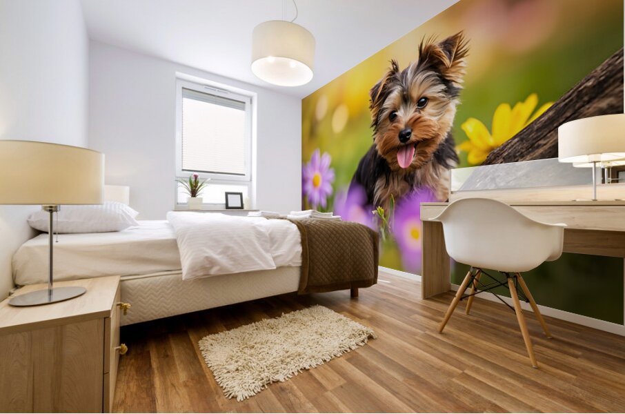 Yorkshire Terrier Puppy Finds Big Stick Adventure Mural print