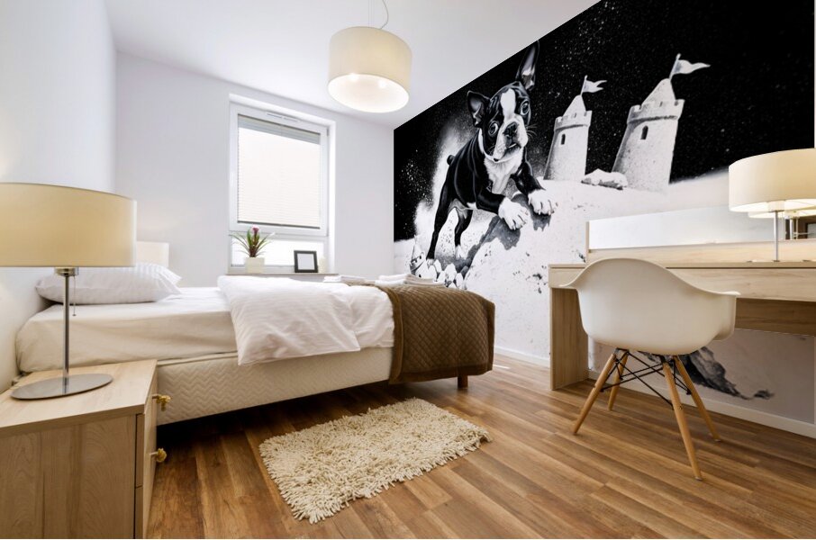 Boston Terrier Puppy Happy Despite Sandy Mess Mural print