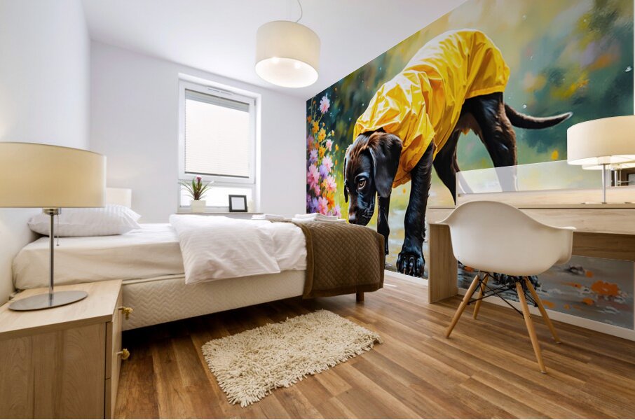 Happy Puppy Rests On Porch After Rainy Walk Mural print