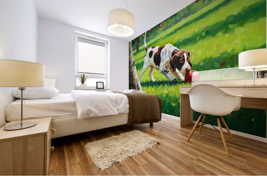 German Shorthaired Pointer Puppy Discovers Apple Orchard Mural print