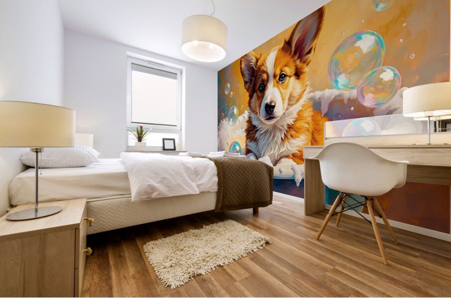 Happy Corgi Puppy Enjoys Bath Time Fun Mural print