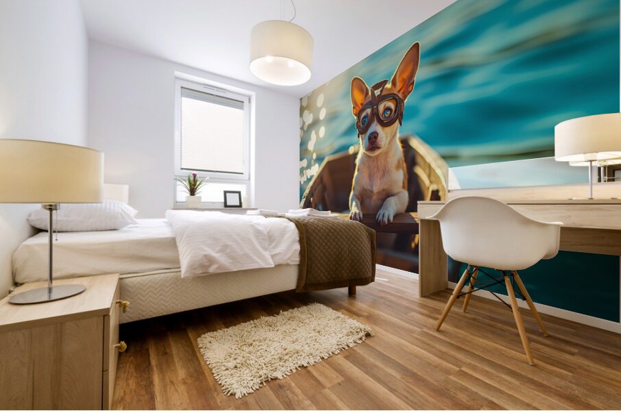 Chihuahua Puppy At Lake With Aviator Goggles Mural print