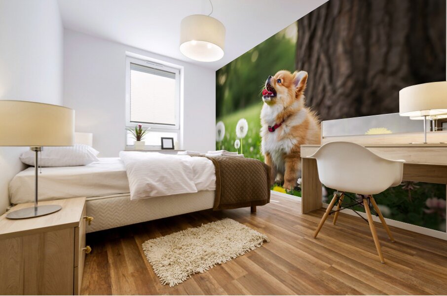 Playful Pomeranian Puppy Finds New Fun Around The Tree Mural print