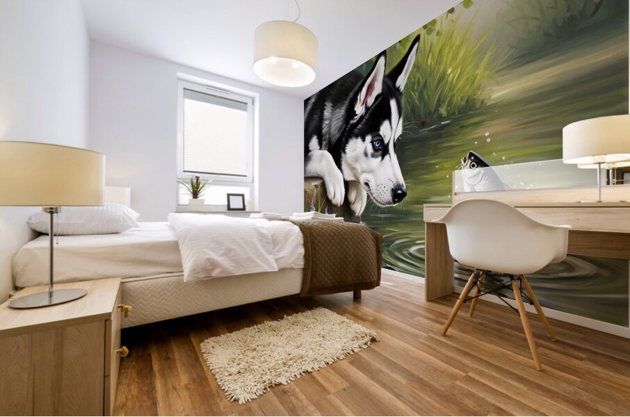 Curious Husky Puppy Discovers Garden Pond Mural print