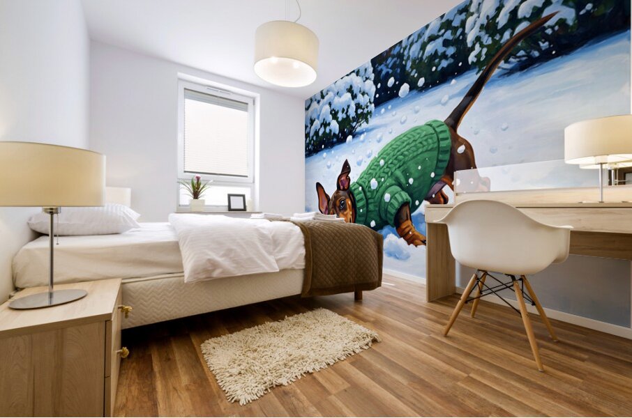 Sleepy Dachshund Puppy Warms Up By Cozy Winter Fireplace Mural print