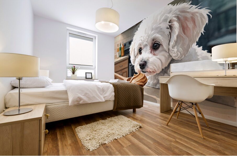 Bichon Frise Puppy Discovers Something New Mural print