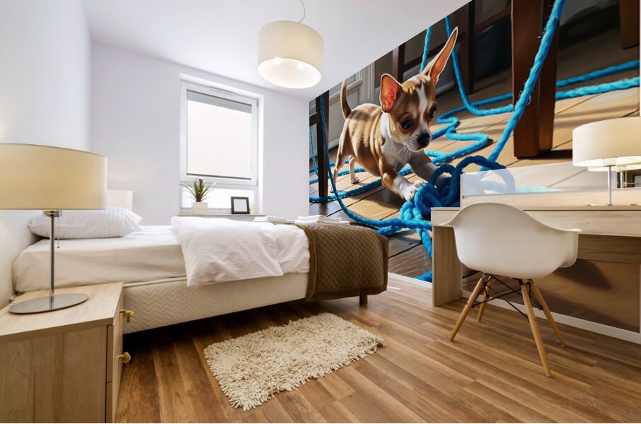 Chihuahua Puppy Discovers Yarn Ball Mural print