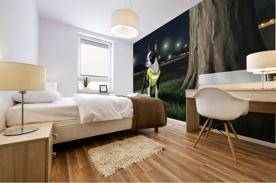 Sleepy Boston Terrier Puppy Returns From Night Walk Mural print
