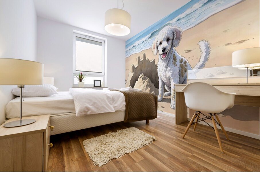 Happy White Poodle Puppy Sits In Destroyed Sand Castle Ruins Mural print