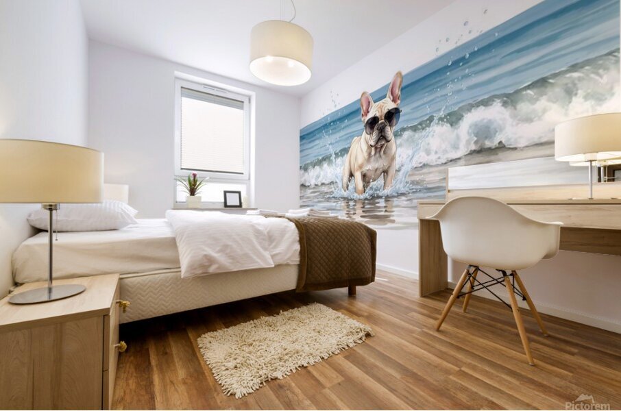Cream French Bulldog Puppy Splashing In Ocean Water With Sunglasses Mural print