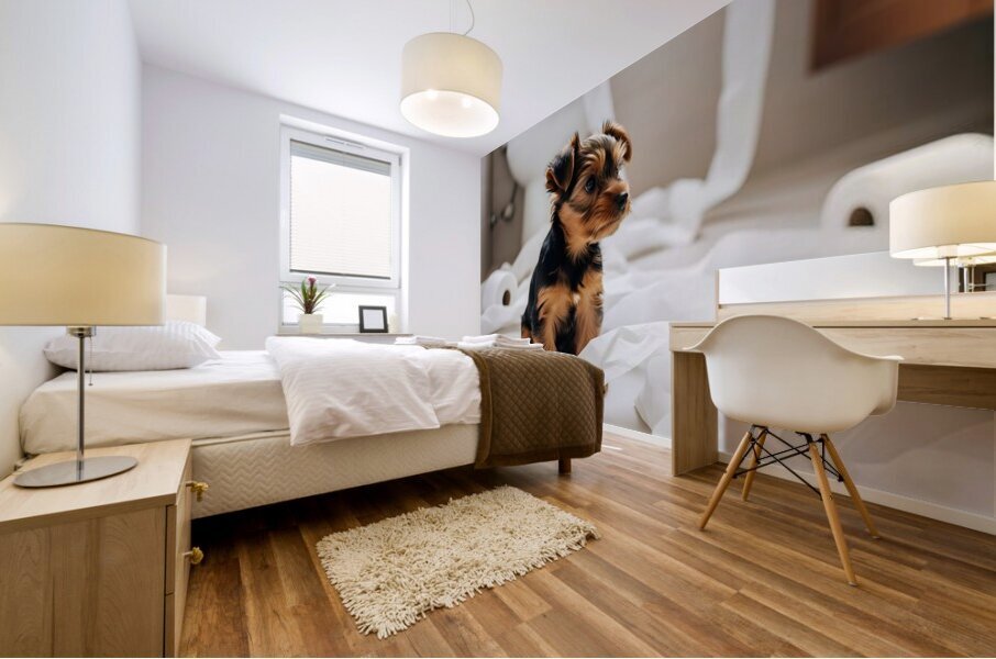 Brown Yorkshire Terrier Puppy With Unrolled Toilet Paper Trail Mess Mural print