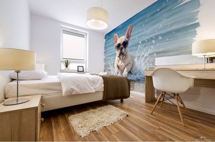Cream French Bulldog Puppy Splashing In Ocean With Sunglasses Mural print