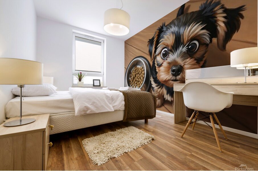 Apologetic Brown Yorkshire Terrier Puppy With Messy Bowl Mural print