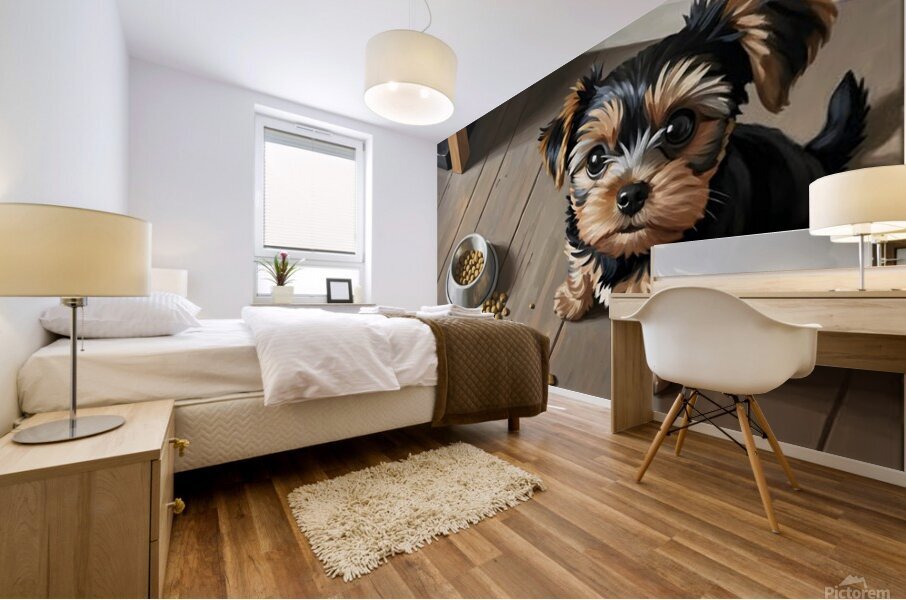 Brown Yorkshire Terrier Puppy With Overturned Food Bowl Mural print