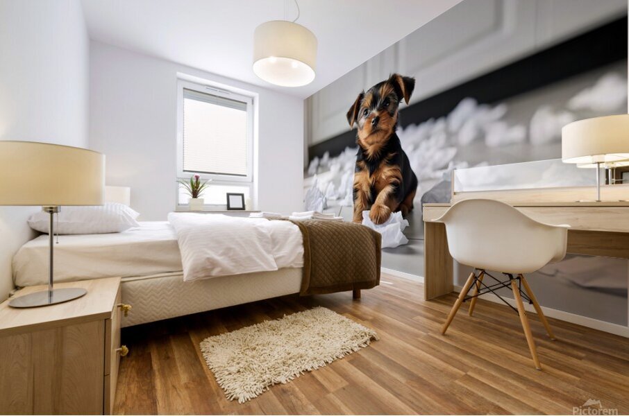 Guilty Yorkshire Terrier Puppy Surrounded By Shredded Tissue Mural print