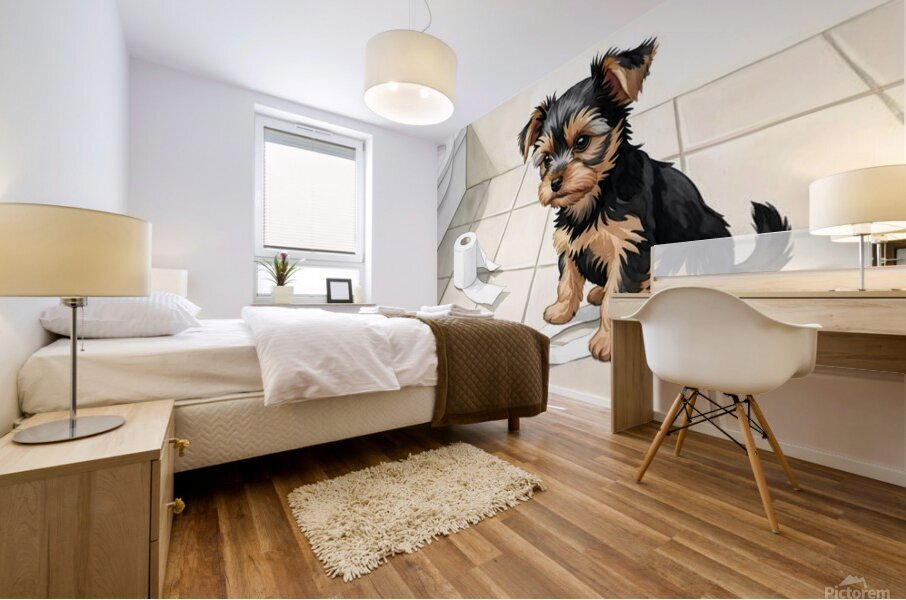 Brown Yorkshire Terrier Puppy With Unrolled Toilet Paper Trail Mural print