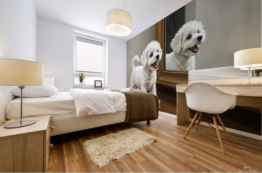 Playful White Bichon Frise Puppy Invites Mirror Reflection To Play Mural print