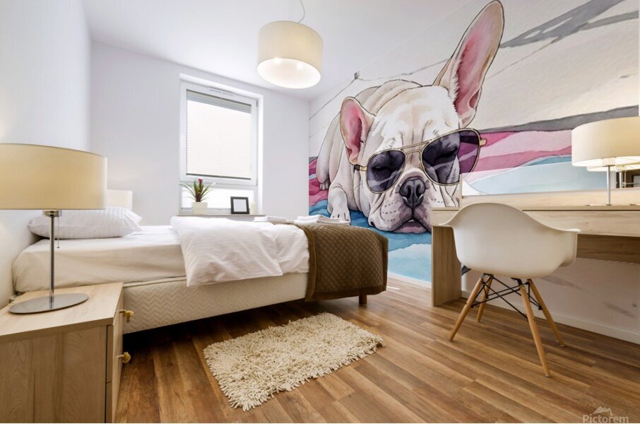 Tired Cream French Bulldog Puppy Resting On Beach Towel Mural print