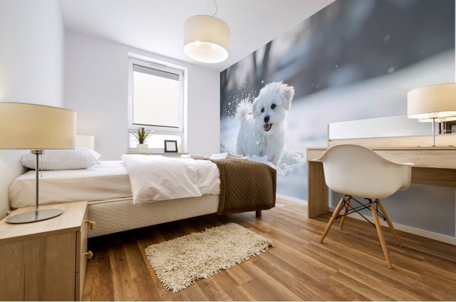 White Bichon Frise Puppy Discovers Fresh Snow In Winter Yard Mural print