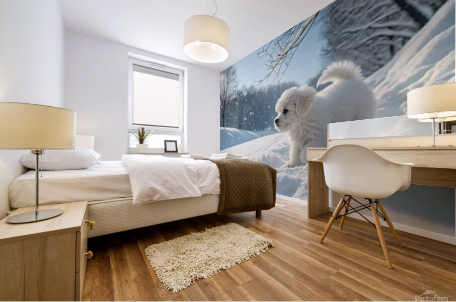 Curious White Bichon Frise Puppy Takes First Steps Into Deep Snow Mural print