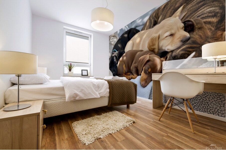 Sleepy Brown Dachshund Puppy Cuddling With Tired Siblings Mural print