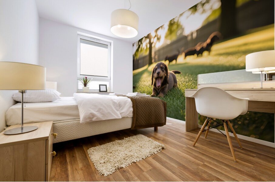 Brown Dachshund Puppy Waking Up In Sunny Garden Mural print