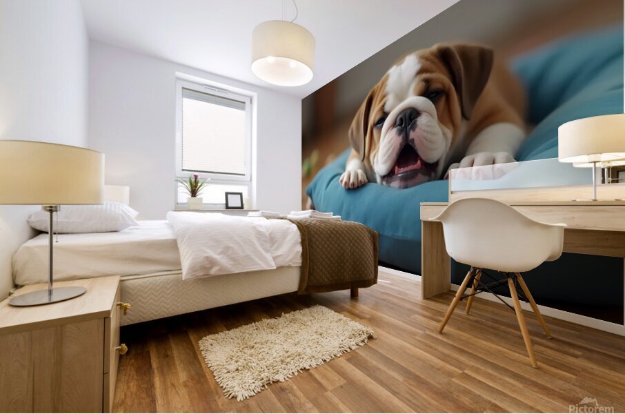 Sleepy Bulldog Puppy Yawns On Blue Cushion Mural print