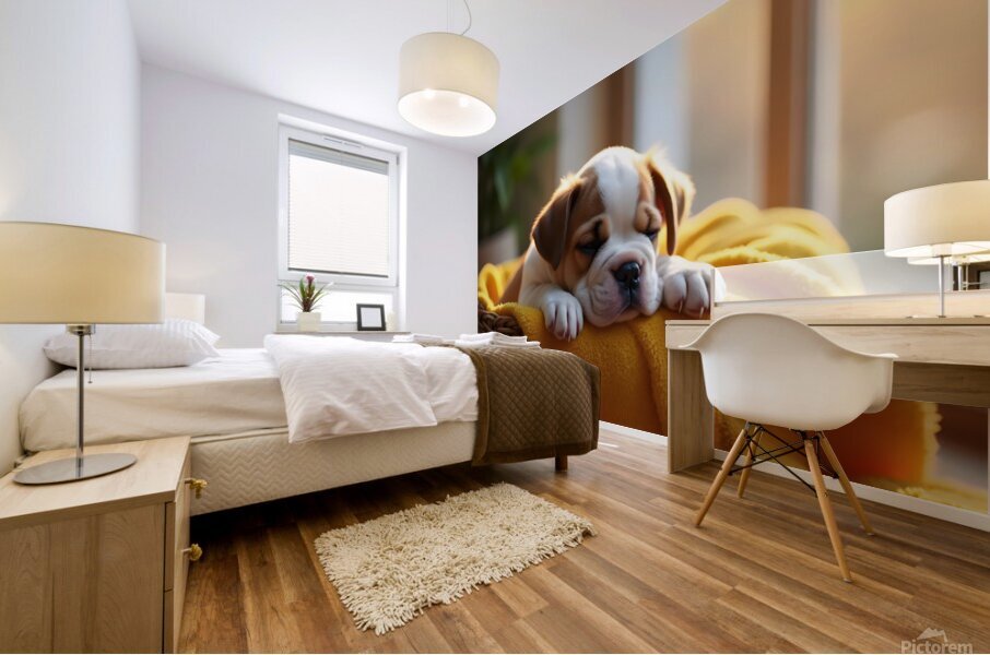 Bulldog Puppy Sleeps Peacefully In Wicker Basket Mural print