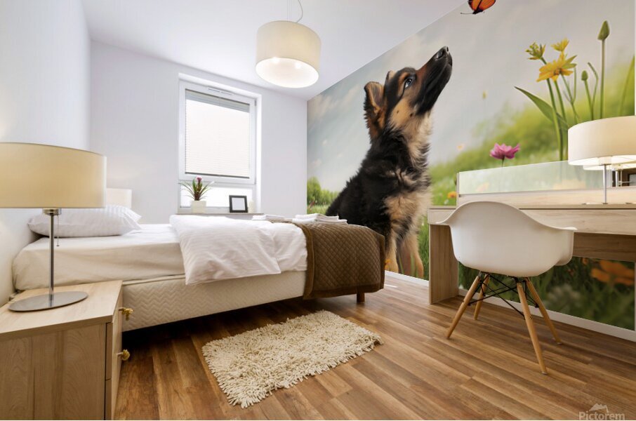 German Shepherd Puppy Discovers Butterfly In Meadow Mural print