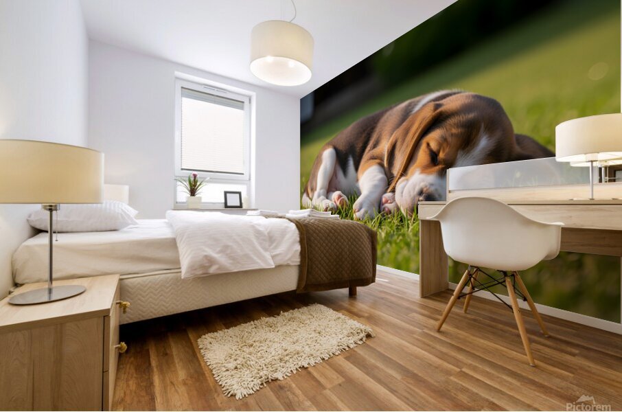 Beagle Puppy Peacefully Sleeping In Sunny Garden Mural print