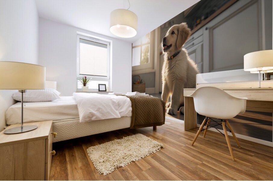 Golden Retriever Puppy Discovers Empty Food Bowl Mural print