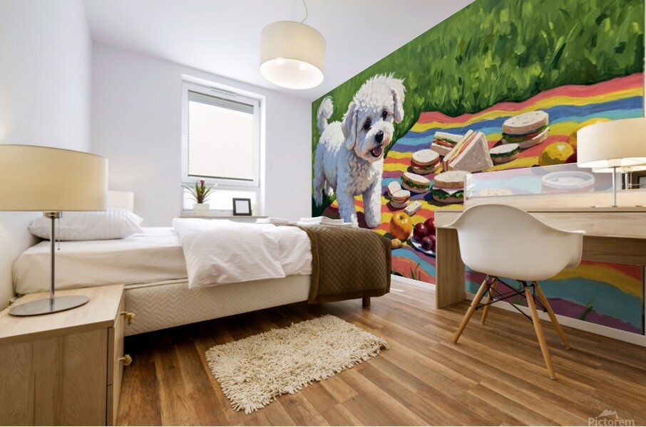 Bichon Frise Puppy Discovers Picnic Spread Mural print
