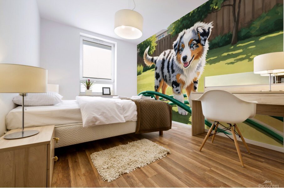 Australian Shepherd Puppy Discovers Garden Hose Mural print