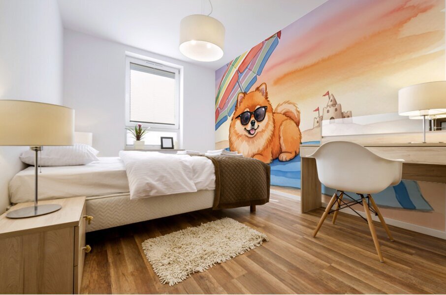 Tired Pomeranian Puppy Resting On Beach Towel Mural print