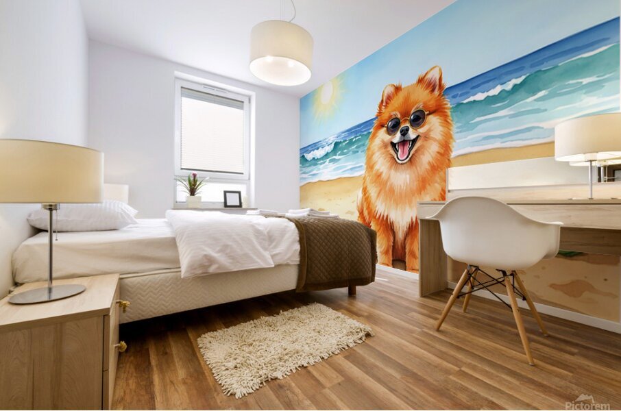Pomeranian Puppys Beach Adventure Begins Mural print