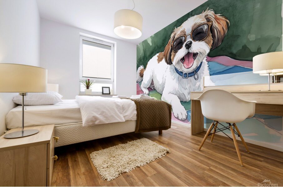 Tired Shih Tzu Puppy Rests After Beach Day With Sunglasses Mural print