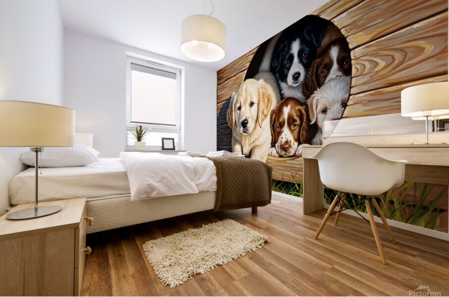 Golden Retriever Puppy Enters Crowded Doghouse Mural print