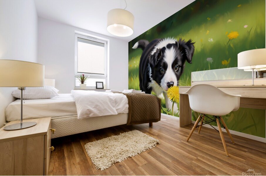 Border Collie Puppy Discovers Yellow Dandelion Mural print