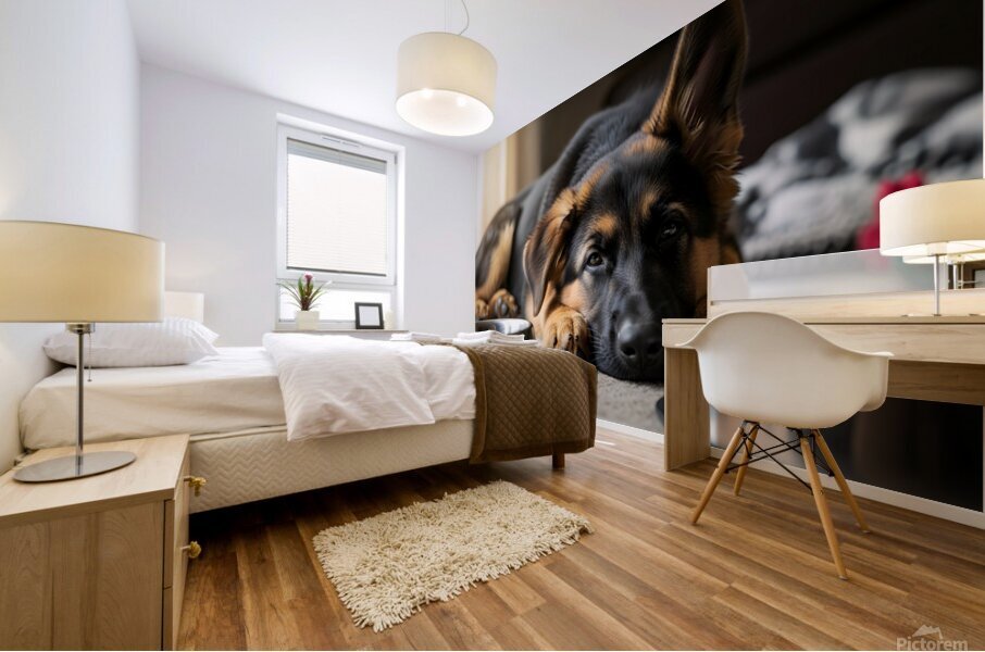 Drowsy German Shepherd Puppy Resting After Eating Mural print