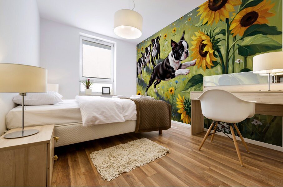Boston Terrier Puppy Plays Near Beautiful Sunflower Mural print