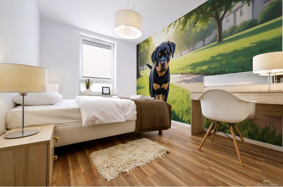 Young Rottweiler Puppy Explores The Park Alone Mural print